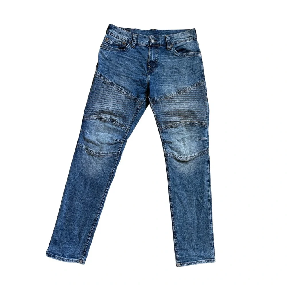 True Religion Geno Mens 34x32 Relaxed Slim Biker Jeans Medium Wash Blue